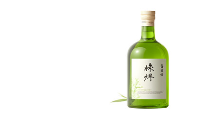 Illustration of a green glass bottle of sake with a white label and Japanese characters.