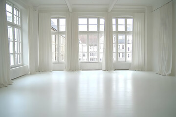 Obraz premium Bright white room, city view, spacious interior, yoga studio