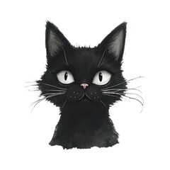 A cute cartoon illustration of a black cat with wide eyes and whiskers on a white background, AI generated