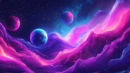 Beautiful illustration of a cosmic scene with planets, stars, and nebulae. Ideal for sci-fi, astronomy, and fantasy-related projects or educational materials.