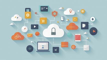Flat design illustration showing cloud computing technology and network with a focus on data security and storage, AI generated