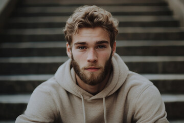 Fototapeta premium Stylish man in beige hoodie sitting on stone steps, showcasing casual fashion, confident expression, and a relaxed urban vibe, perfect for lifestyle, apparel, and marketing content.