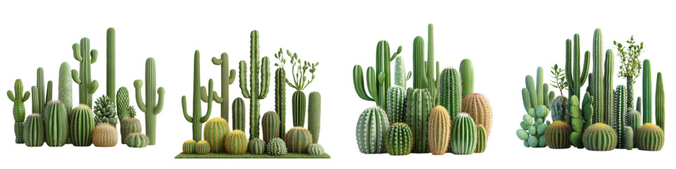 Diverse collection of various cactus and succulent plants in different shapes sizes and shades of green displayed in an studio setting