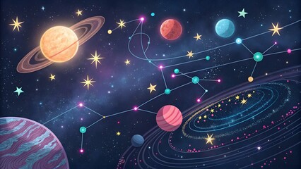 Vibrant Cosmic Scene with Planets and Stars in Deep Space Background