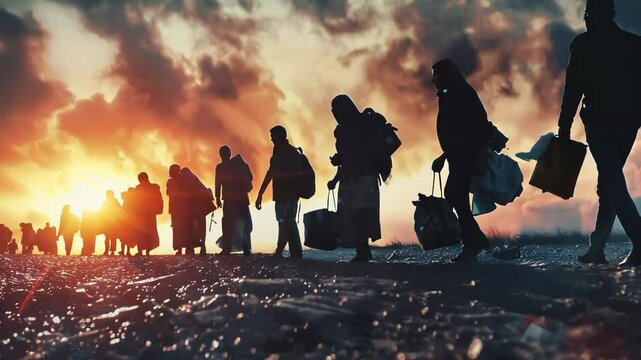 Silhouette of people walking on a road with belongings	
