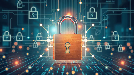 Secure online banking concept with digital lock symbolizing safety and encryption. image features padlock surrounded by network of digital connections, representing cybersecurity