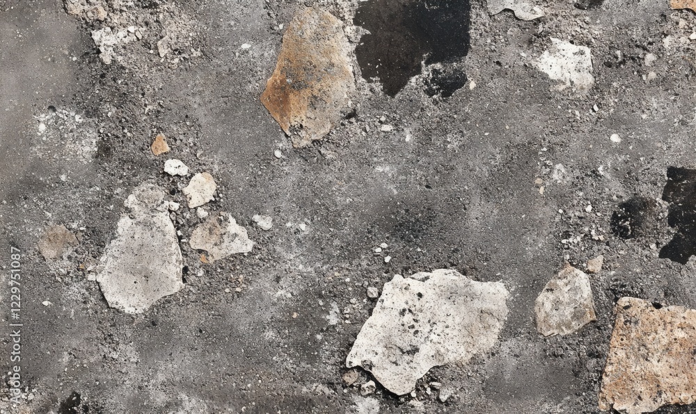 Poster grey textured stone surface with various sized stones embedded.