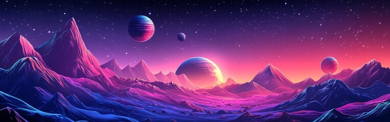 Obraz premium Beautiful illustration of a cosmic scene with planets, stars, and nebulae. Ideal for sci-fi, astronomy, and fantasy-related projects or educational materials.