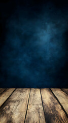 Dark wood planks, smoky blue backdrop