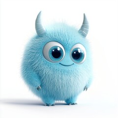 small round fluffy monster in pastel blue, with big sparkling eyes and tiny horns, smiling warmly, isolated on a clean white background
