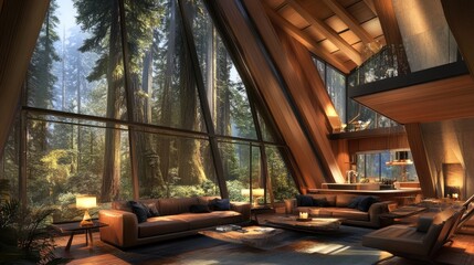 A cozy cabin interior with large windows showcasing the surrounding forest.