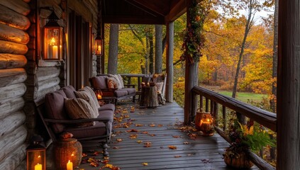 Cozy Autumn Porch: A Serene Fall Evening on a Rustic Log Cabin
