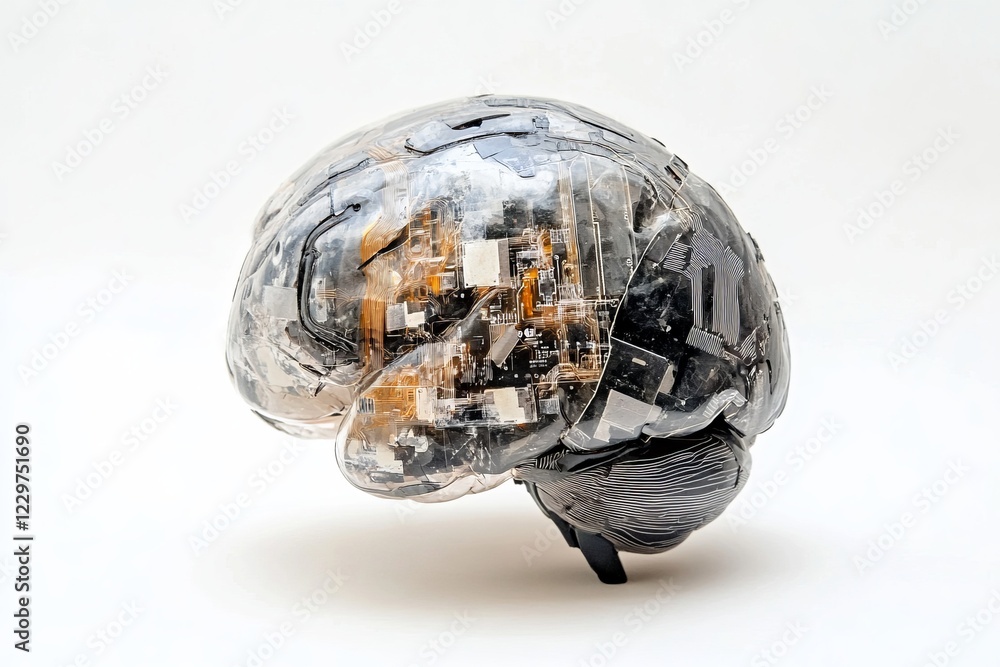 Poster a brain with a computer chip inside of it. the brain is made of plastic
