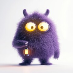Fototapeta premium purple fluffy monster with glowing eyes, holding a tiny lantern, standing on a white background with soft shadows