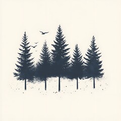 Obraz premium Silhouettes of trees in a forest, birds in sky, artistic graphic