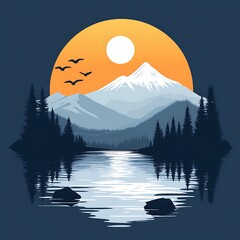 Mountain lake sunrise reflection graphic art