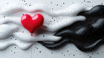 Red Heart Balloon on Abstract Black and White Swirling Background Romantic Valentines Day Concept