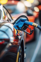Close-up of a high-performance car at a race track being refueled, blue gasoline nozzle, 
