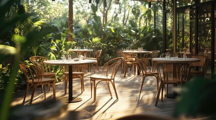 Fototapeta premium A dining area with floor-to-ceiling windows revealing an outdoor forest view.
