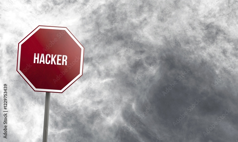 Poster hacker, red sign with clouds in background