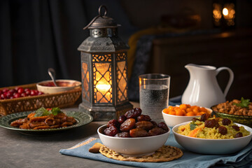 Muslim family starting iftar with dates during Ramadan