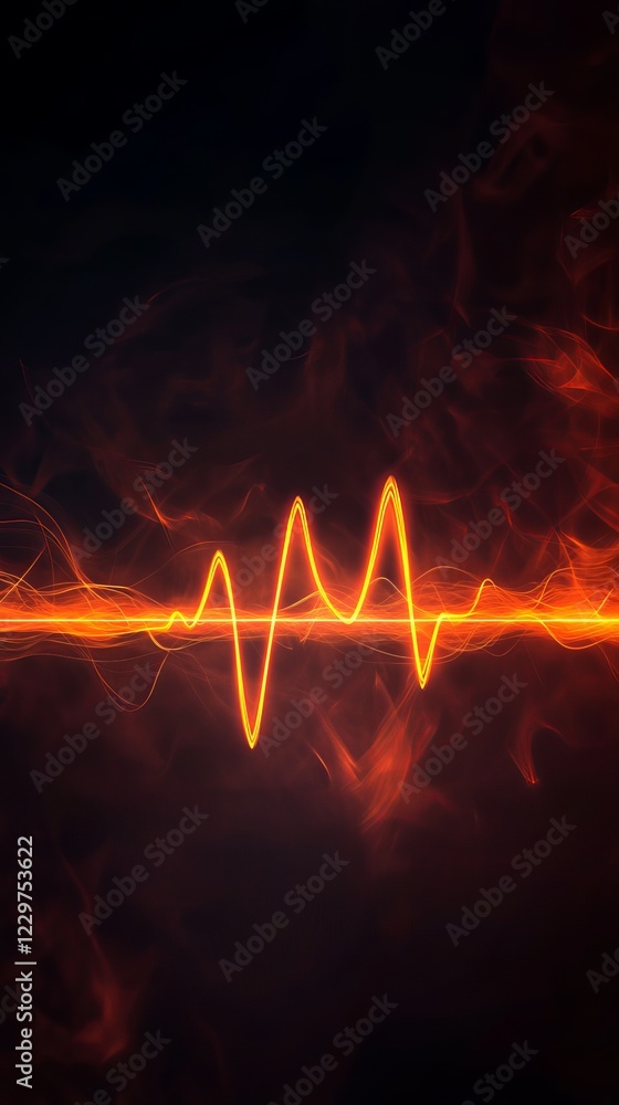 Poster captivating abstract image of a vibrant pulse wave, illuminated with fiery swirls against a dark bac