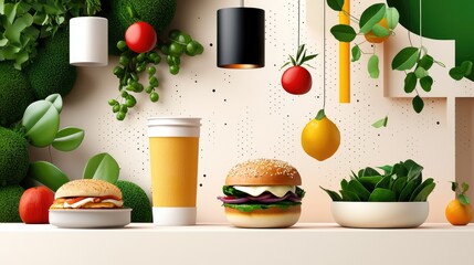 line connection illustration of gourmet street food, highlighting presentation and vibrant ingredients on a minimalist table