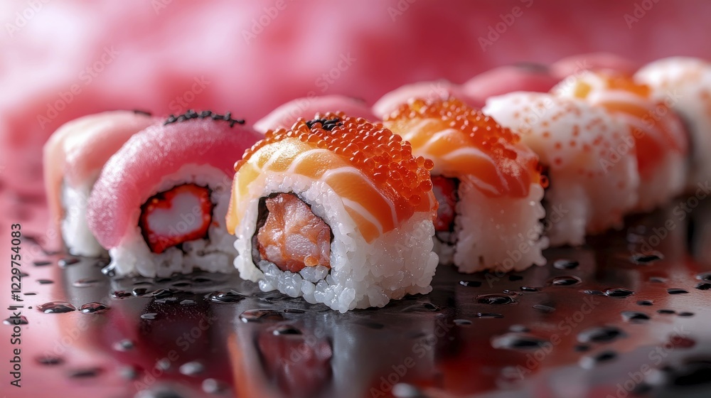Poster artistic display of assorted sushi rolls on a reflective surface with a pink background, ai generate