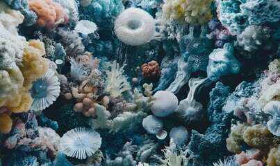 Underwater fantasy coral reef, vibrant colors, dark background, digital art, science fiction