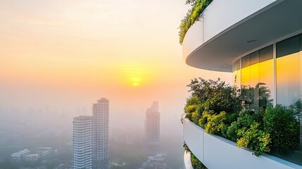 Fototapeta premium A high-rise apartment with an open balcony full of cascading plants.