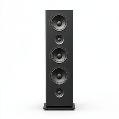 Fototapeta premium tall black floor-standing speaker with visible woofers and tweeters, isolated on a clean white background