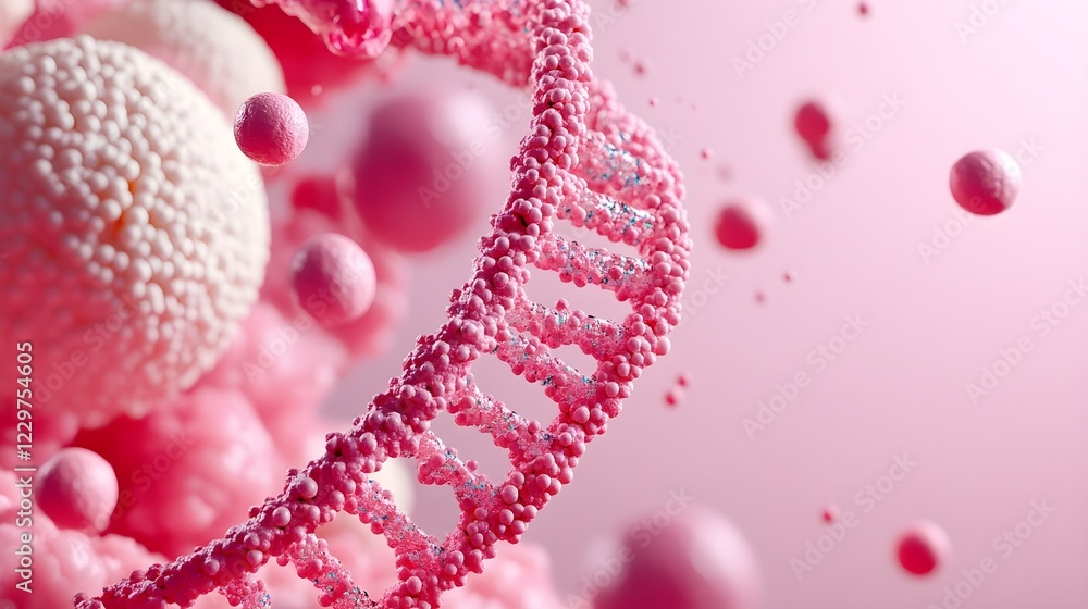Poster pink dna strand surrounded by cellular structures in abstract design