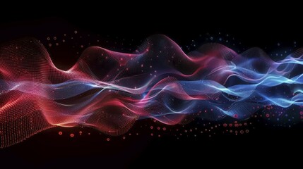 Obraz premium Colorful abstract digital art with flowing waves in blue and red on a black background, AI generated