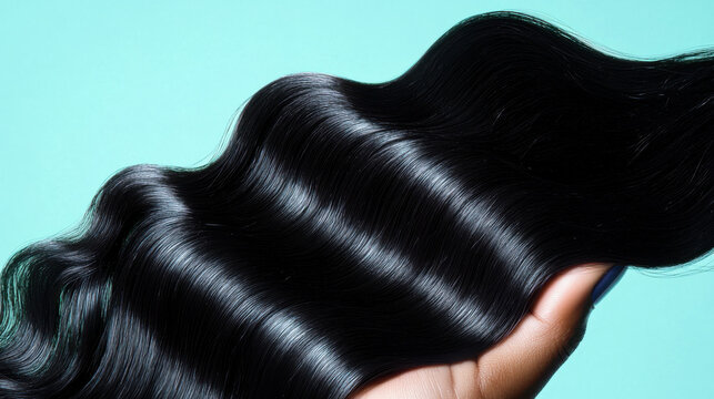A close-up of a hand showcasing a glossy black wavy hair extension
