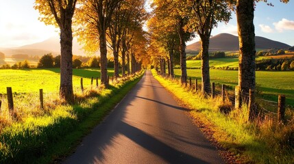 Obraz premium A tranquil road lined with trees, leading through colorful autumn foliage and rolling hills, depicting the essence of travel and scenery