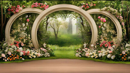 Floral archway, enchanted forest backdrop