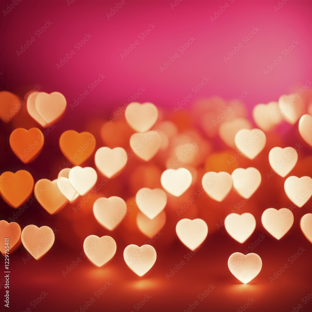 Poster glowing heart shapes in pink and orange with bokeh effect creating a romantic and warm atmosphere, h
