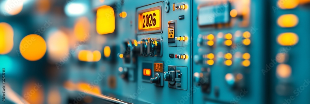 Poster futuristic control panel displaying year 2026 with illuminated buttons and bokeh effects