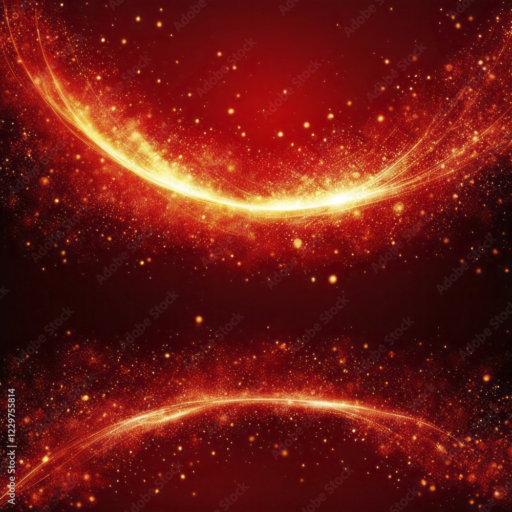 Poster abstract image with two parallel streaks of golden sparkles on a red background, reflecting light an