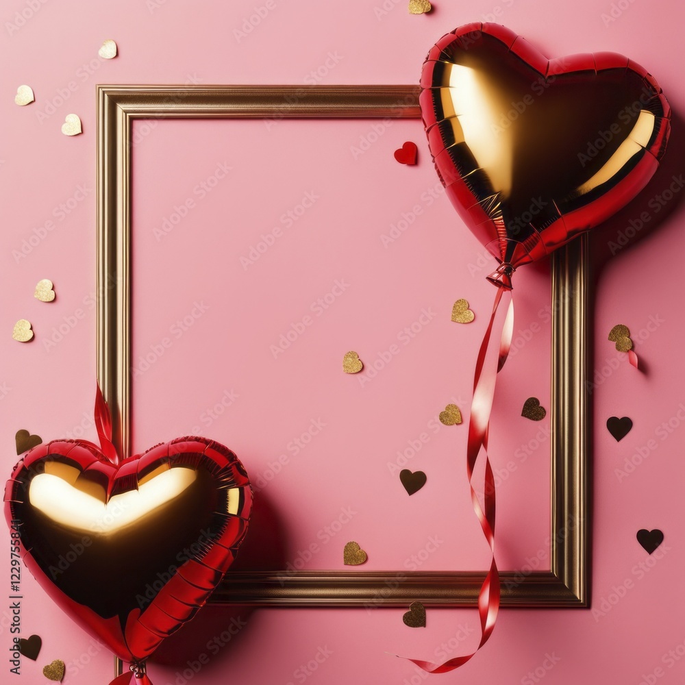 Poster two heart-shaped balloons in red and gold tied to a square frame with scattered small hearts on a pi