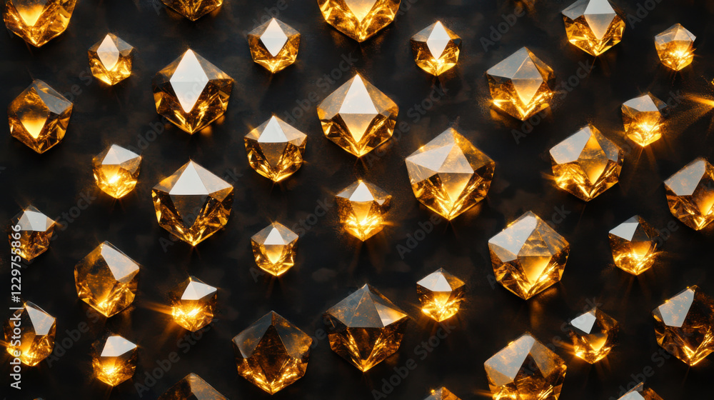 Poster shimmering amber crystals scattered across a dark surface creating a sparkling effect