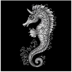 Fototapeta premium Ornate seahorse graphic design, black background, decorative