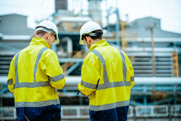 Workers assess operations at an industrial site during daylight while wearing safety gear and hard...