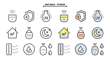 Fototapeta premium Air purifier and humidifier machine icon sets. Editable stroke. Home device for air purification filtering. Electronic devices. Home climate. Moisture content. Simple line Air Humidifier icon for temp