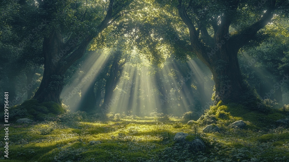 Aufkleber serene forest landscape with rays of sunlight filtering through tree branches, creating a peaceful a
