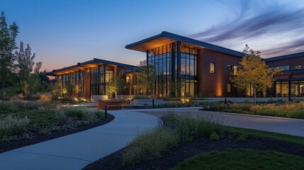 Obraz premium Modern Architecture Illuminated at Dusk