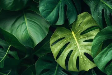 Fototapeta premium Fresh green leaves glistening with water droplets, showcasing intricate vein patterns and vibrant colors in close-up detail. Generative AI