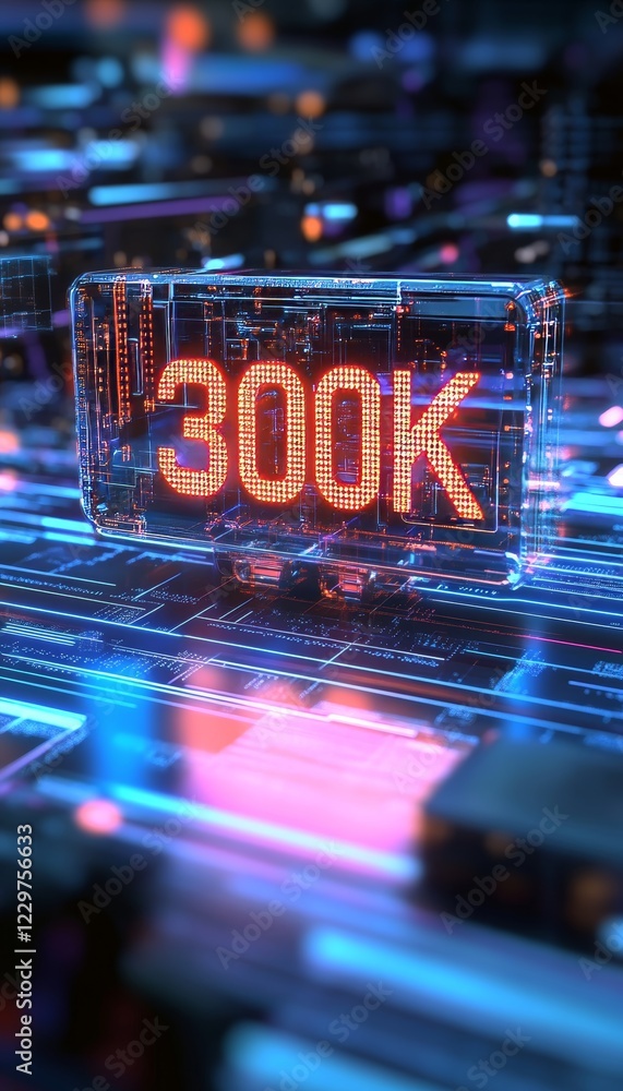 Poster glowing digital 300k number in a virtual space with futuristic style on abstract background