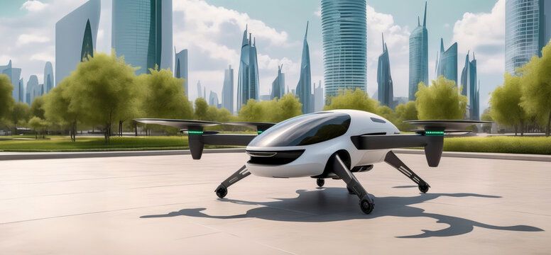 Futuristic VTOL quadcopter lands on the helipad in a city square. New mobility zero emission concept