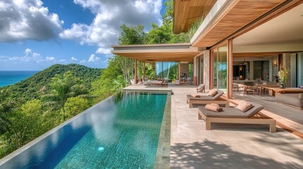 Fototapeta premium A luxury infinity pool surrounded by tropical plants and a modern deck.